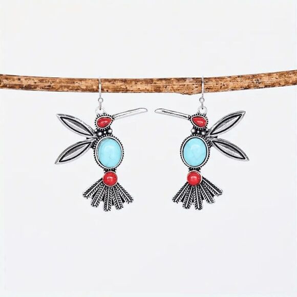 Hummingbird Red Blue Turquoise Dangle Earrings - Picture 1 of 5